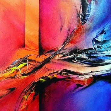 A bright multicolor abstract painting of sound waves.